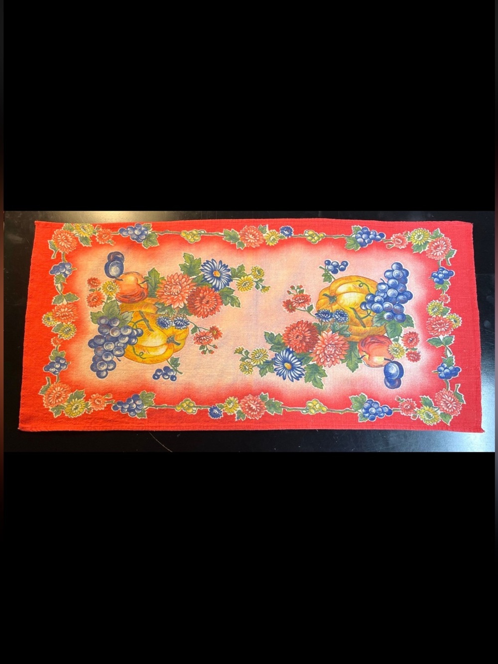 Vintage Tea Towel Hand Towel Table Scarf Pumpkin Flowers Fruit 13x28